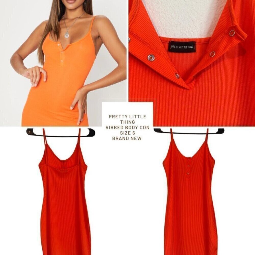 Bright Orange Button Detail Ribbed Bodycon Dress​